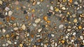 A closeup of concrete pavement covered in a mosaic of tiny pebbles and grains creating a unique and varied texture