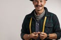 Closeup of confident happy man over studio white background Royalty Free Stock Photo