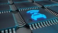 Closeup of connected CPUs with a glowing car and wifi symbol