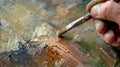 A closeup of a conservators artistic brushstrokes skillfully recreating missing sections of a damaged painting Royalty Free Stock Photo