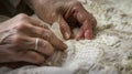 A closeup of a conservators hands meticulously repairing a tear in a delicate textile using techniques and materials Royalty Free Stock Photo