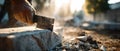 Construction worker using chisel to cut stone block outdoors in bright sunlight Concept of stonemasonry, craftsmanship, and manual Royalty Free Stock Photo