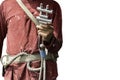 Closeup construction workers hand holding steel hooks connecting with rope safety device equipment. Royalty Free Stock Photo