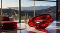 A Closeup of a Contemporary Ruby Red Glass Sculpture Showcased in Front of a Stunning, Modern Living Room