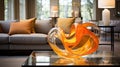 A Closeup of a Contemporary Tangerine Glass Sculpture Showcased in Front of a Stunning, Modern Living Room