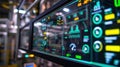 A closeup of a control panel with various screens and indicators showcasing the realtime monitoring and predictive