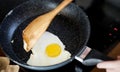 Closeup of cooked fried egg on the pan