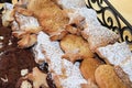 Closeup of cookies dusted in icing sugar