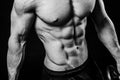 Closeup of cool perfect strong sensual bare torso with abs pectorals 6 pack muscles chest black and white studio Royalty Free Stock Photo
