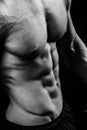 Closeup of cool perfect strong sensual bare torso with abs pectorals 6 pack muscles chest black and white studio Royalty Free Stock Photo