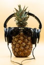 Closeup of cool pineapple in sunglasses wearing headphones looking at camera over pastel yellow background Royalty Free Stock Photo