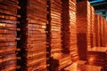 Closeup Of Copper Cathodes Stacked Neatly In Warehouse. Generative AI