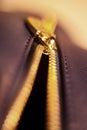 Closeup copper gilt unzipped zipper on a leather bag