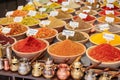 Closeup of a counter with a big variety of spices on Jerusalem market in Israel.