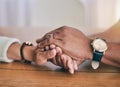 Closeup Of Couple Hand Holding In Support, Empathy And Help For Bad News, Depression Or Mental Health Problem. Therapy