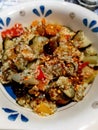 Closeup of courgettes, carrots, peppers, onion, aubergines and garlic cut ready to be cooked Royalty Free Stock Photo