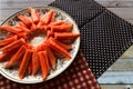 Closeup crab stick in dish on table background