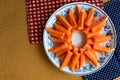 Closeup crab stick in dish on table background