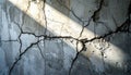 Closeup of cracked concrete wall with sunlight casting diagonal shadows Royalty Free Stock Photo