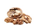 Closeup of cracked walnuts and kernels isolated on a white background Royalty Free Stock Photo