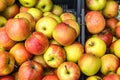 Closeup of crates of juicy, fresh, ecologically produced apples, Fuji, without nitrates. Captured in the market for fruits and