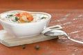 Closeup Cream Soup with Shrimp and Green Onion