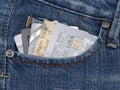Closeup of credit card in blue denim jeans pocket