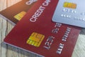 Closeup credit card payment purchases shopping on wood table