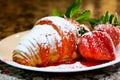 close-up of croissant sprinkled serving cook at home decorate many different videos with strawberries and chocolate