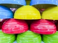 Closeup and crop colorful noodle bowls stacked fit on screen background