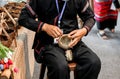 Hands of Thailander demonstration of Carved silver water bowl at Chiang Mai, Thailand Royalty Free Stock Photo