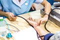 Image of the nurse`s hand is measuring the pulse. And patient pressure Royalty Free Stock Photo