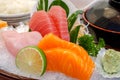 Closeup and crop Japanese Sashimi set on boat plate with Miso soup in Japanese bowl Royalty Free Stock Photo