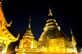 Closeup and crop night screen of golden Thai temple and pagoda with beautiful lighting
