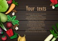 Variety vegetables with space and example Lorem Ipsum texts on dark wooden pattern background