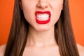 Closeup cropped photo of attractive lady grinning teeth bright red pomade amazing celebrity smile half face dentistry