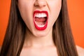 Closeup cropped photo of attractive lady grinning yelling loud bright red pomade amazing celebrity smile half face