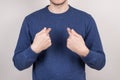 Closeup cropped picture photo portrait of satisfied confident guy pointing on himself self wearing casual pullover isolated grey Royalty Free Stock Photo