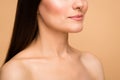 Closeup cropped profile photo of latin naked lady presenting natural beauty no makeup showing perfect pouted allure lips