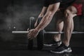 Closeup of cross fit athlete preparing for lifting weight at the gym. Barbell magnesia protection.Handsome man doing functional t Royalty Free Stock Photo