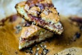 Closeup on a crumb cake stuffed with strawberry marmalade Royalty Free Stock Photo