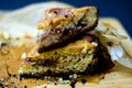 Closeup on a crumb cake stuffed with strawberry marmalade Royalty Free Stock Photo