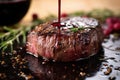 closeup of crusty steak surface mopped with glossy red wine reduction Royalty Free Stock Photo