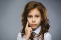 Closeup crying girl with worried stressed expression on gray background