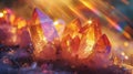 A closeup of a crystal with beams of sunlight refracting through its facets and casting rainbows on a nearby surface Royalty Free Stock Photo