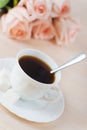 Closeup cup coffee, lump sugar, Royalty Free Stock Photo