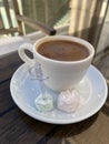 closeup of a cup of Turkish coffee with Turkish delight Royalty Free Stock Photo