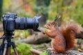 Closeup of a curious gray squirrel looking into a camera lens in a forest Royalty Free Stock Photo