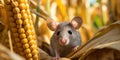 Closeup curious young gray mouse lurk near the corn