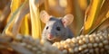 Closeup curious young gray mouse lurk near the corn